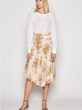 Joie Floral A-Line Midi Skirt in Cream and Mustard
